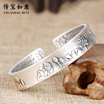999 pure silver bracelet woman lotus heart warp retro made of old solid silver bracelet Elegant National Wind Jewelry Silver Jewelry