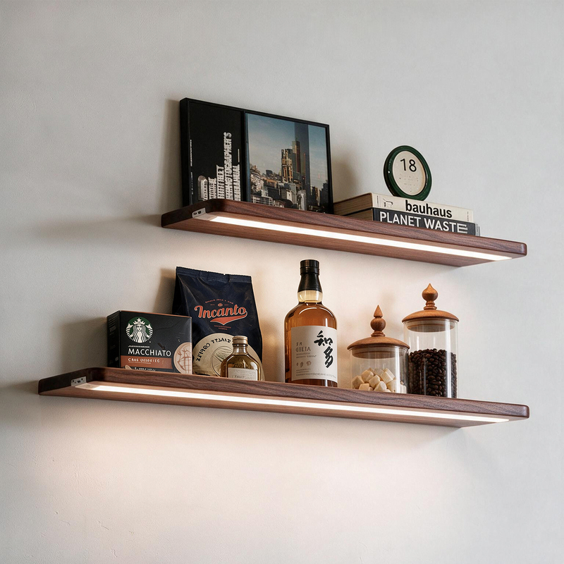 Walnut Wood Wall-Mounted Shelf Storage Rack with Led Smart Light Strip for Living Room, Kitchen, and Entryway