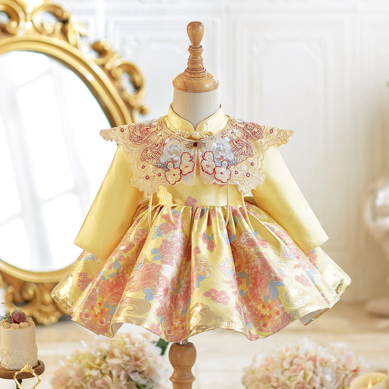Baby Girl's First Birthday Dress, Gold Long-Sleeved Birthday Princess Dress, Toddler's First Birthday Celebration Dress, New Chinese-Style Tang Suit, High-End