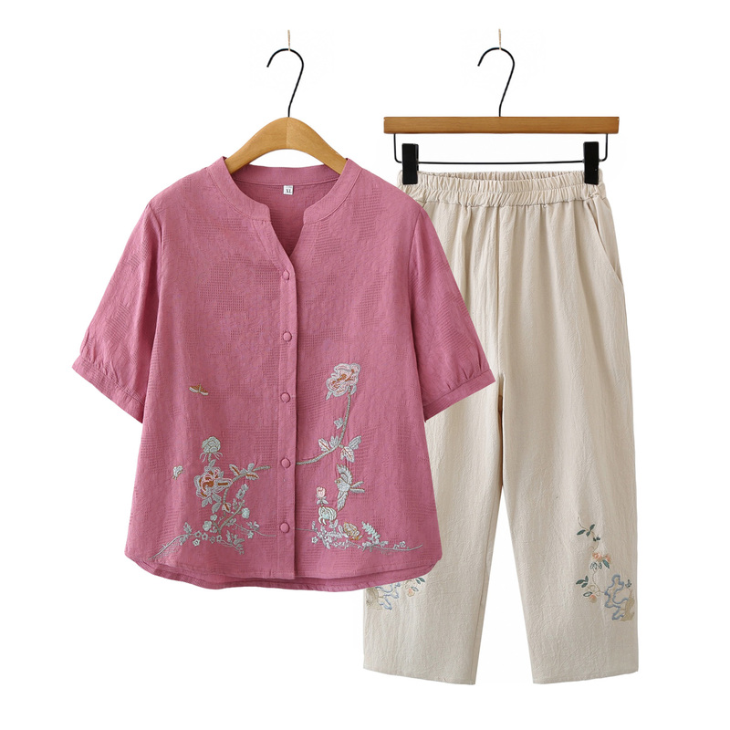 Middle-Aged and Elderly Women's Pure Cotton Short-Sleeved Two-Piece Set, Loose-Fitting Shirt Top for Mom, Stylish Embroidered Cardigan Set for Grandma