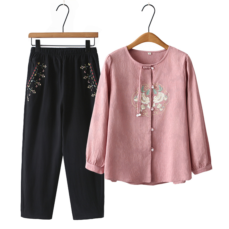 Mother's Spring and Autumn New Chinese Style Suit for Women, Stylish and Fashionable Cotton and Linen Long-Sleeve Shirt, Grandma's Embroidered Top Two-Piece Set, Thin