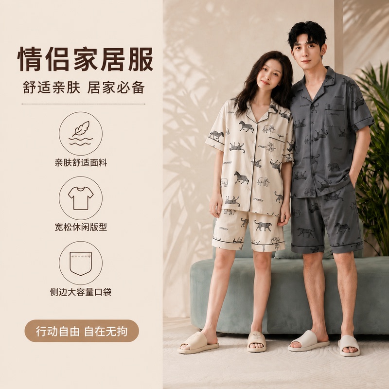 Relaxed Casual Home Wear for Summer, Couple's Cotton A-Class Turn-Down Collar Short-Sleeve Pajamas for Men and Women, Suitable for Going Out, Pure Cotton Sleepwear