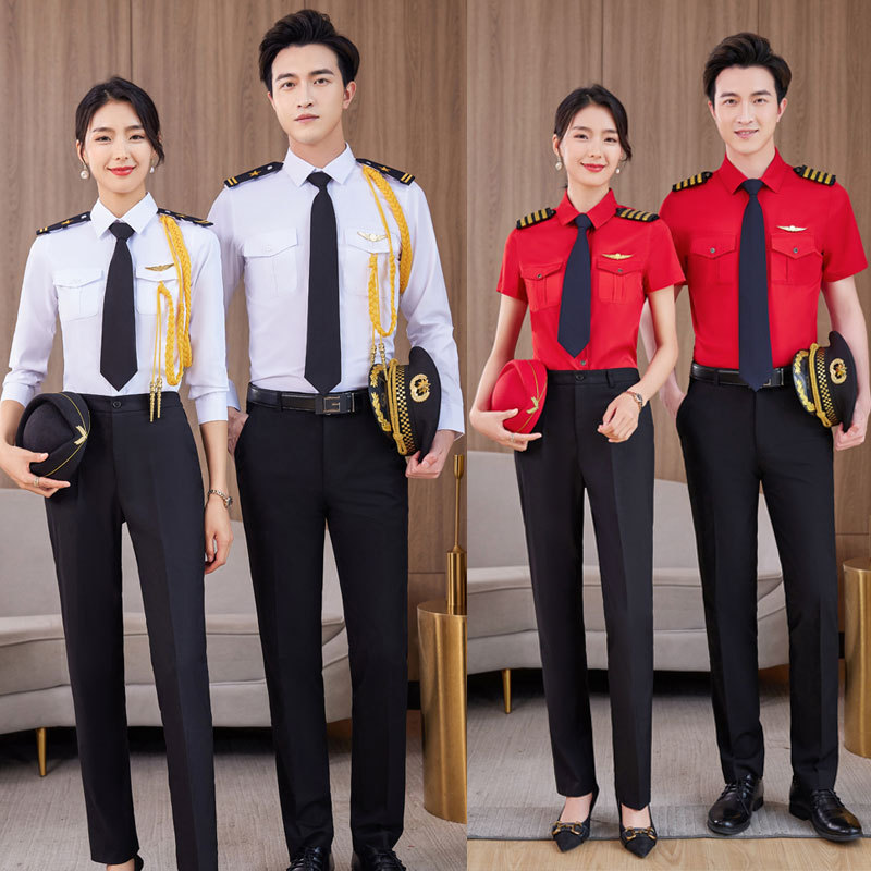 Band Performance Uniform Epaulettes Red Shirt Pilot Shirt Men's and Women's Slim Fit Air Force Captain Work Uniform Security Uniform
