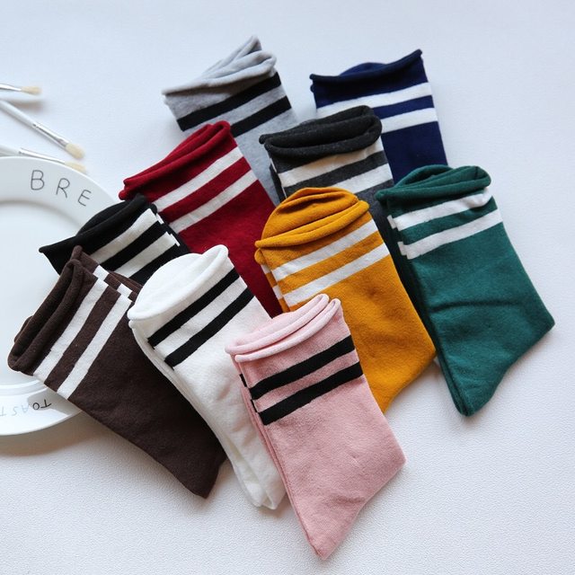 Four Seasons College Style Japanese Candy Colour Loose Mouth Socks Curled Two-Bar Striped Sports Mid-Tube Women's Student Socks