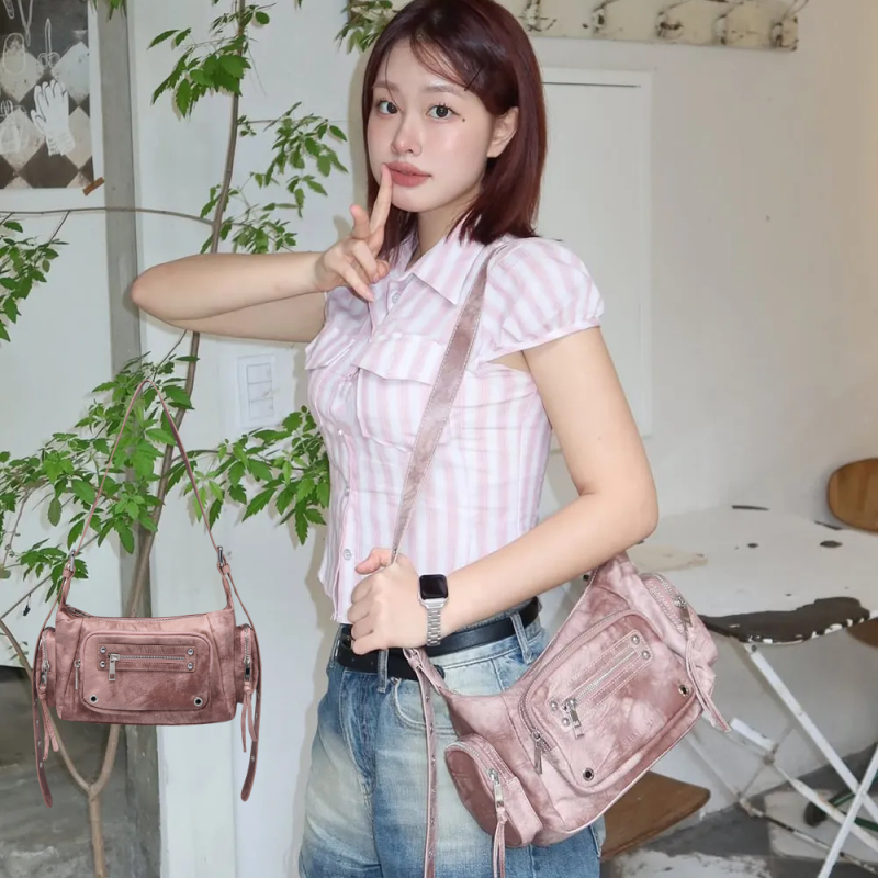 2025 New Korean Niche Black-Purple Motorcycle-Style Women's Bag, Hot Girl Style Single Shoulder Crossbody Handbag with Pockets