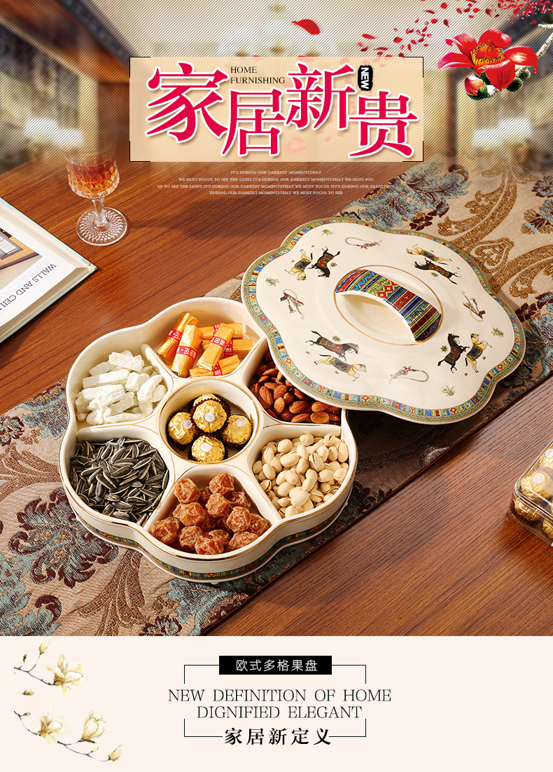 The New snack plate key-2 luxury European - style dry fruit tray frame with cover household ceramics candy dishes sitting room tea table furnishing articles