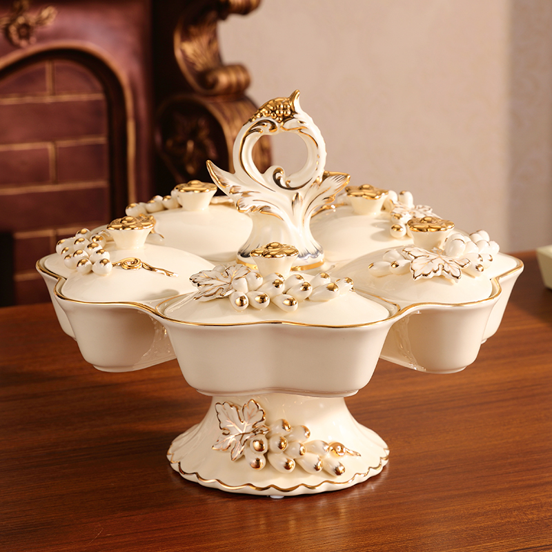 Luxurious European-style fruit pan Ceramic Upscale Creative Spin Dry Fruits Pan with lid Home Living room Tea Table Hem