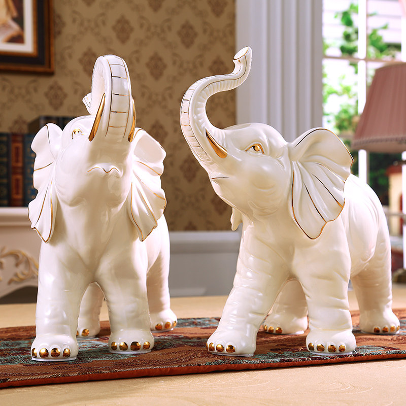 陶瓷描金大象客厅电视柜大象摆件一对家居装饰品玄关摆件