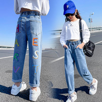 Girls pants in spring and autumn pants in large childrens loose jeans girls wear spring thin casual pants wear