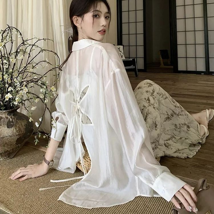 High-End Design Hollow-Out Back Lace-Up Shirt for Women, Summer Thin Shirt, Mid-Length Coat, Loose Top for Women