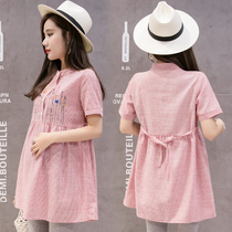  Pregnant womens t-shirt summer short-sleeved Korean cotton and linen striped fashion dress Mid-length loose shirt two-piece set