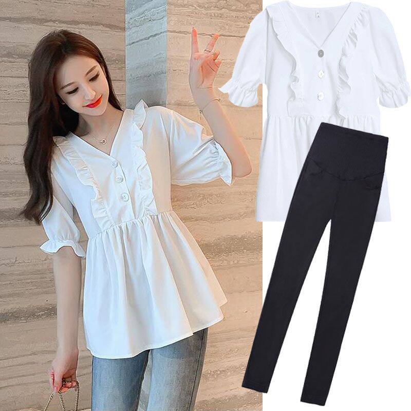 Pregnancy Woman dress T-shirt Summer short sleeve Korean version V collar Reduction Age Snowspun Doll Clothes Short loose Shirt Shirt two-piece suit