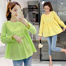  Pregnant womens t-shirt autumn suit Korean version of the tide mother cotton and hemp pregnant womens long-sleeved top short fashion doll shirt two-piece suit