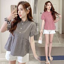 Pregnant womens t-shirt Summer short-sleeved fashion suit Korean plaid age-reducing doll shirt shirt short top two-piece set