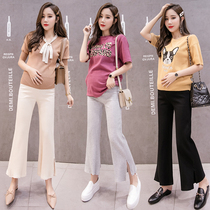 Pregnant womens pants nine-point pants for summer wear fashion models trendy mothers go out high-waisted abdominal leggings straight wide-legged pants