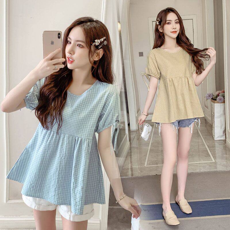 Gestational Woman Dress T-shirt Summer Dress Short Sleeve Korean Version Plaid Cute Minus Age Doll Shirt Short Loose Shirt two-piece set