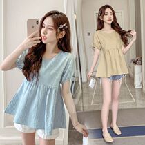  Maternity t-shirt Summer short-sleeved Korean plaid cute age-reducing doll shirt short loose shirt two-piece suit