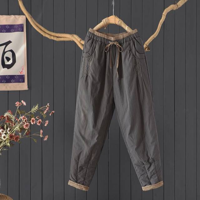 Commuting simple contrasting color lace-up quilted and thickened harem pants