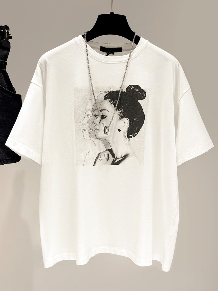 ocnltiy 2024 new summer style loose and versatile pure cotton age-reducing tops for women slimming printed short-sleeved T-shirts