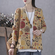Han Suoyi retro spring and autumn cardigan sweater coat women's long sleeve loose lazy wind printed cotton knitwear
