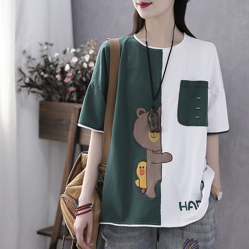 Han Suoyi retro literary spring and summer loose short-sleeved top lazy wind patch embroidery bear five-point sleeve t-shirt women
