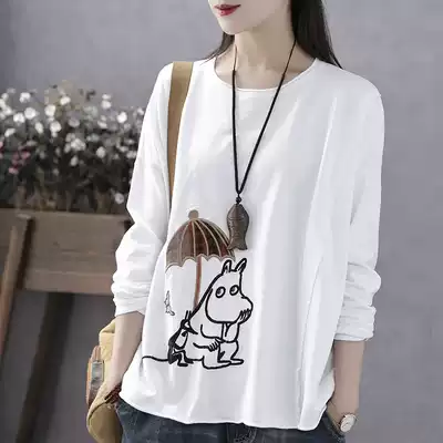 Han Suoyi retro literature and art autumn and spring new cloth embroidered long-sleeved T-shirt women loose tide ins round neck top