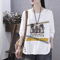 Han Soyi retro literature Spring and Autumn New patch cat embroidered long sleeve T-shirt female loose ins lazy wind