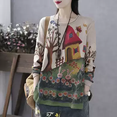Han suoyi retro literary house printed hair sweater women's long sleeve spring new pullover sweater base shirt