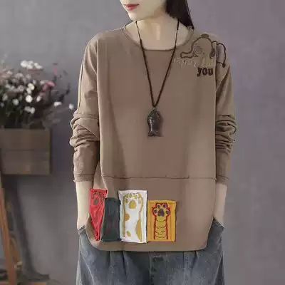 Han Suoyi literary retro spring and autumn new women's cotton T-shirt women's long-sleeved loose round neck embroidered cloth top