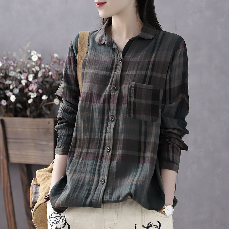 Han Suoyi retro literature and art spring and autumn new cotton plaid shirt women's long-sleeved loose lazy wind casual inner jacket