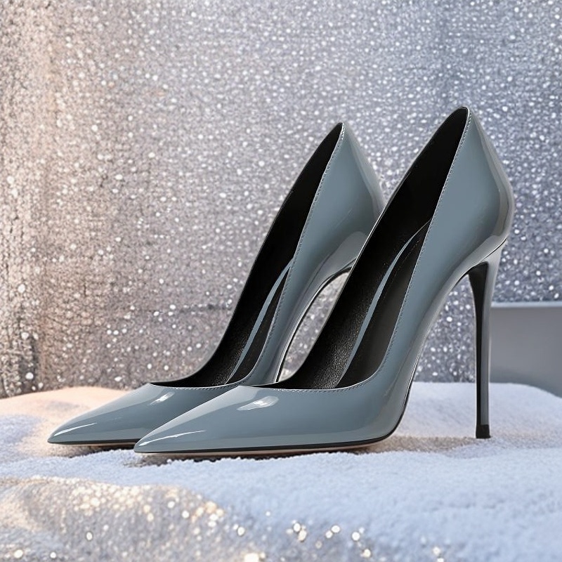 Smog Blue Patent Leather Pointed Toe Stiletto Heels Ol Style Professional Sexy High School Low Heel Large Size Shoes 2025 New