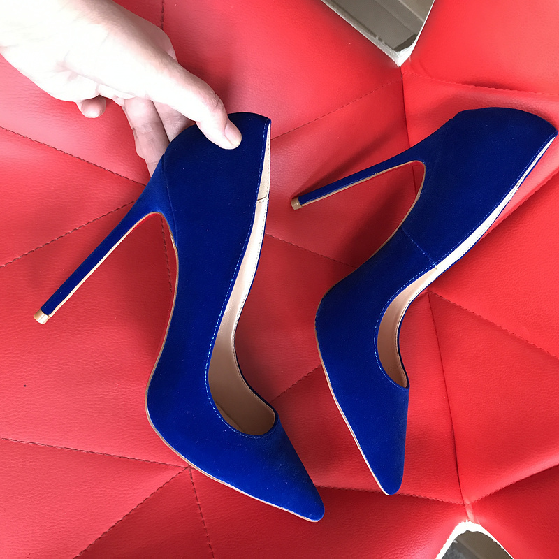 Real Shot of Bright Blue Sapphire Suede Pointed Toe Shallow Open-Toe European and American Fashion Model Runway Performance High-Heeled Shoes Real Shot of Bright Blue Sapphire Suede Pointed Toe Shallow Open-Toe European and American Fashion Model Runway Performance High-Heeled Shoes