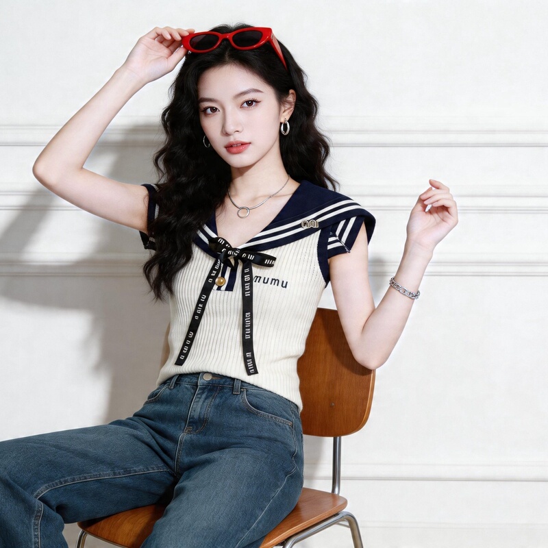 Summer 2026 Fashionable Design Letter Ribbon Bow Decoration Nautical Style Shawl Collar Knitted Vest