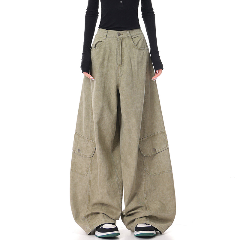 Kenabstudio Spring and Autumn New Khaki Multi-Pocket Cargo Pants Women's High-Waisted Loose Casual Wide-Leg Pants