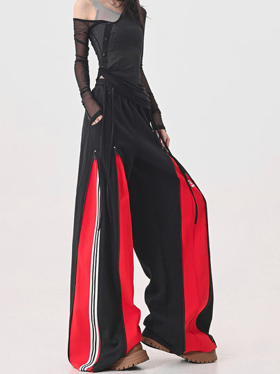 KEN STUDIO red spliced ​​sports pants for women retro mid-century vintage wide-leg floor-length pants