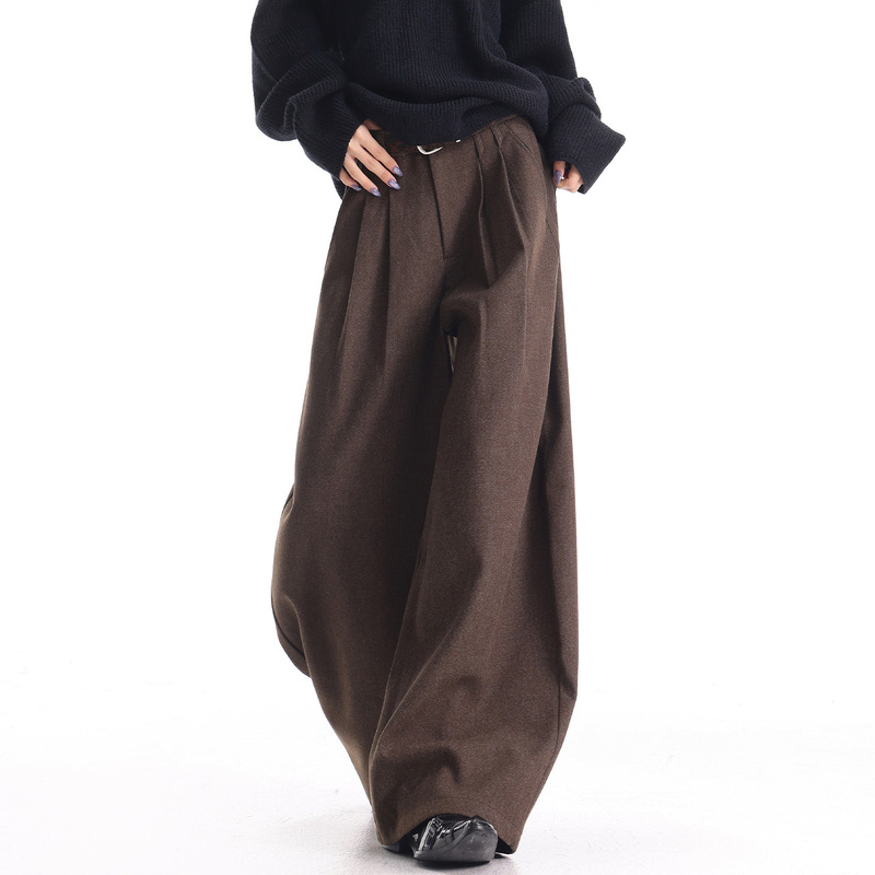 Kenabstudio Autumn and Winter New Style Old Money Style Coffee-Colored Brushed Suit Pants for Women, Retro Versatile Wide-Leg Casual Pants