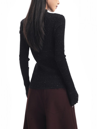 Ken Studio New Autumn and Winter Black Long-Sleeved Sweater for Women with Textured Half-High Collar and Slim Fit Inner Knitted Top