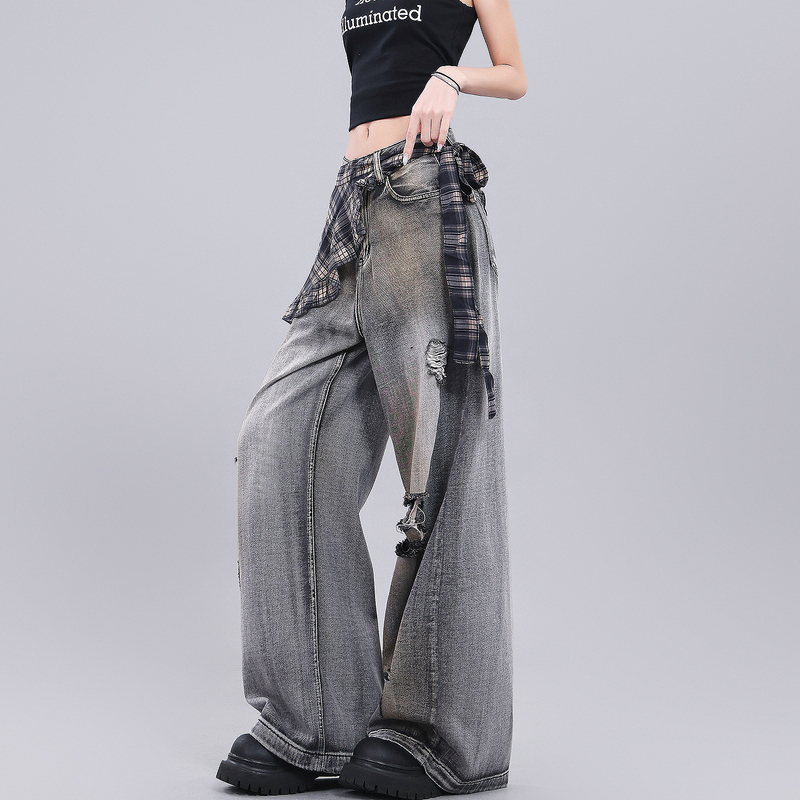 Kenabstudio American Retro Distressed Ripped Jeans for Women, New Summer Plaid Wide-Leg Pants Kenabstudio American Retro Distressed Ripped Jeans for Women, New Summer Plaid Wide-Leg Pants