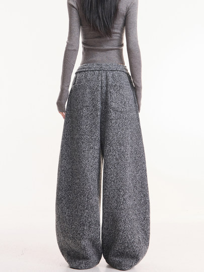 Kenabstudio Autumn and Winter New Gray Wide-Leg Casual Pants for Women, Thickened and Fleece-Lined, Elastic Waist Scimitar Pants