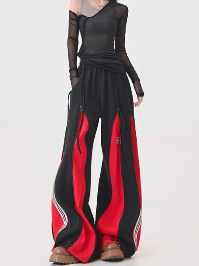 KEN STUDIO red spliced ​​sports pants for women retro mid-century vintage wide-leg floor-length pants