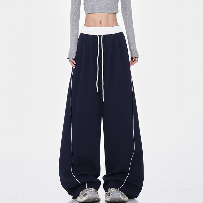 Kenabstudio Spring and Summer Blue Drawstring Casual Sweatpants for Women, Loose, Slimming, Versatile Wide-Leg Floor-Length Pants