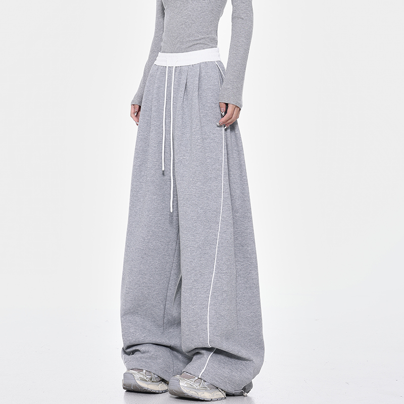 Kenabstudio Spring and Summer New Gray Drawstring Wide-Leg Sweatpants for Women, Stylish Loose Pants, Sweatpants