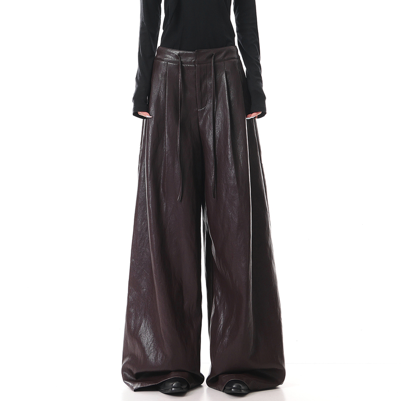 Kenabstudio Autumn and Winter New Style Maillard Coffee Color Drawstring Leather Pants for Women, Loose, Slimming, Drapey Pu Casual Pants