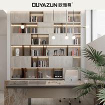 Whole house custom whole wall bookcase desk Living room study integrated design Background wall cabinet integral to the top with lamp bookshelf