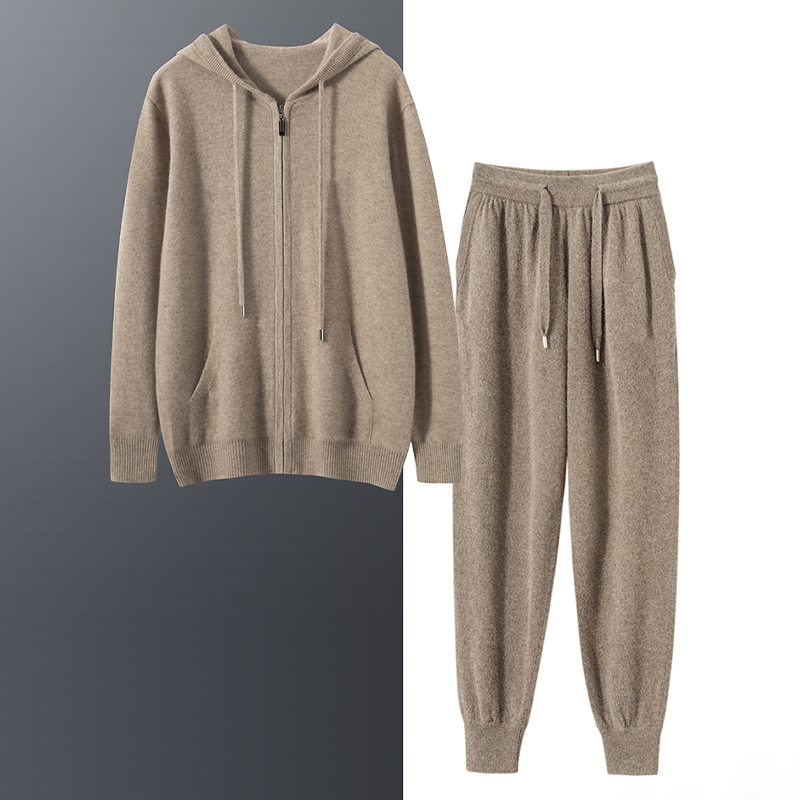 Cashmere Hoodie for Men, 100% Pure Cashmere Two-Piece Set, Fashionable Business Autumn and Winter High-End Hooded Casual Sports Suit