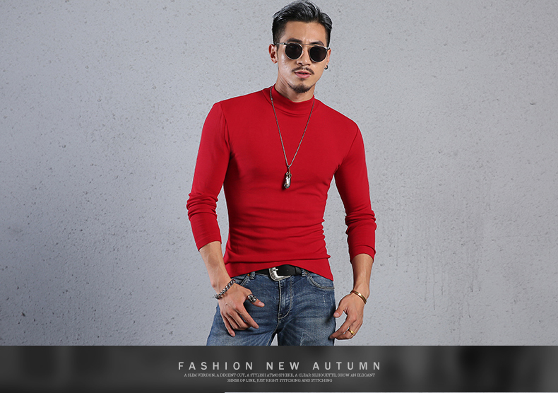 Mùa thu Slim màu rắn nửa cao cổ áo dài tay t-shirt nam cotton tight-fitting đáy xu hướng áo sơ mi trong cổ áo mùa thu quần áo kích thước lớn triều