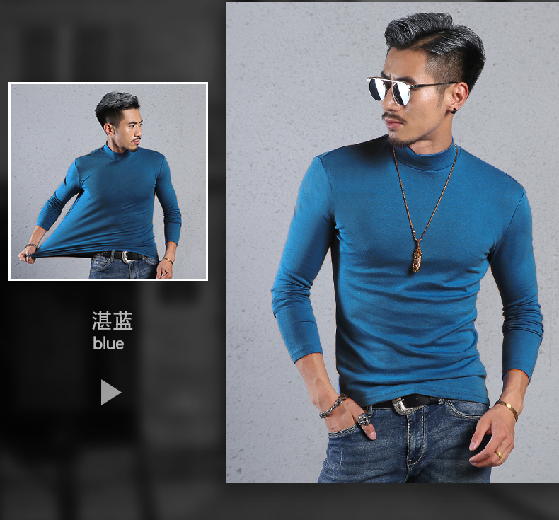 Mùa thu Slim màu rắn nửa cao cổ áo dài tay t-shirt nam cotton tight-fitting đáy xu hướng áo sơ mi trong cổ áo mùa thu quần áo kích thước lớn triều