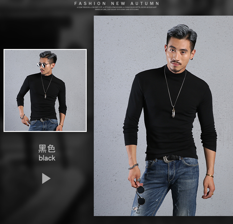 Mùa thu Slim màu rắn nửa cao cổ áo dài tay t-shirt nam cotton tight-fitting đáy xu hướng áo sơ mi trong cổ áo mùa thu quần áo kích thước lớn triều