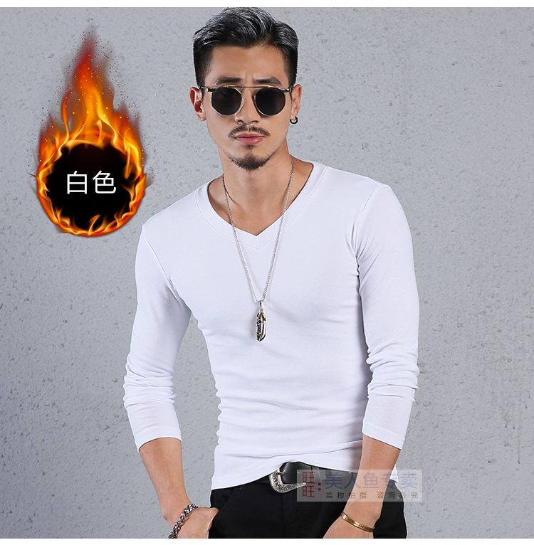 Cộng với áo thun nhung trẻ trung dày tay dài Áo thun cotton nam Hàn Quốc Slim cổ chữ V bó sát khi lên sóng áo thun cotton