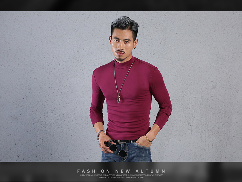 Mùa thu Slim màu rắn nửa cao cổ áo dài tay t-shirt nam cotton tight-fitting đáy xu hướng áo sơ mi trong cổ áo mùa thu quần áo kích thước lớn triều